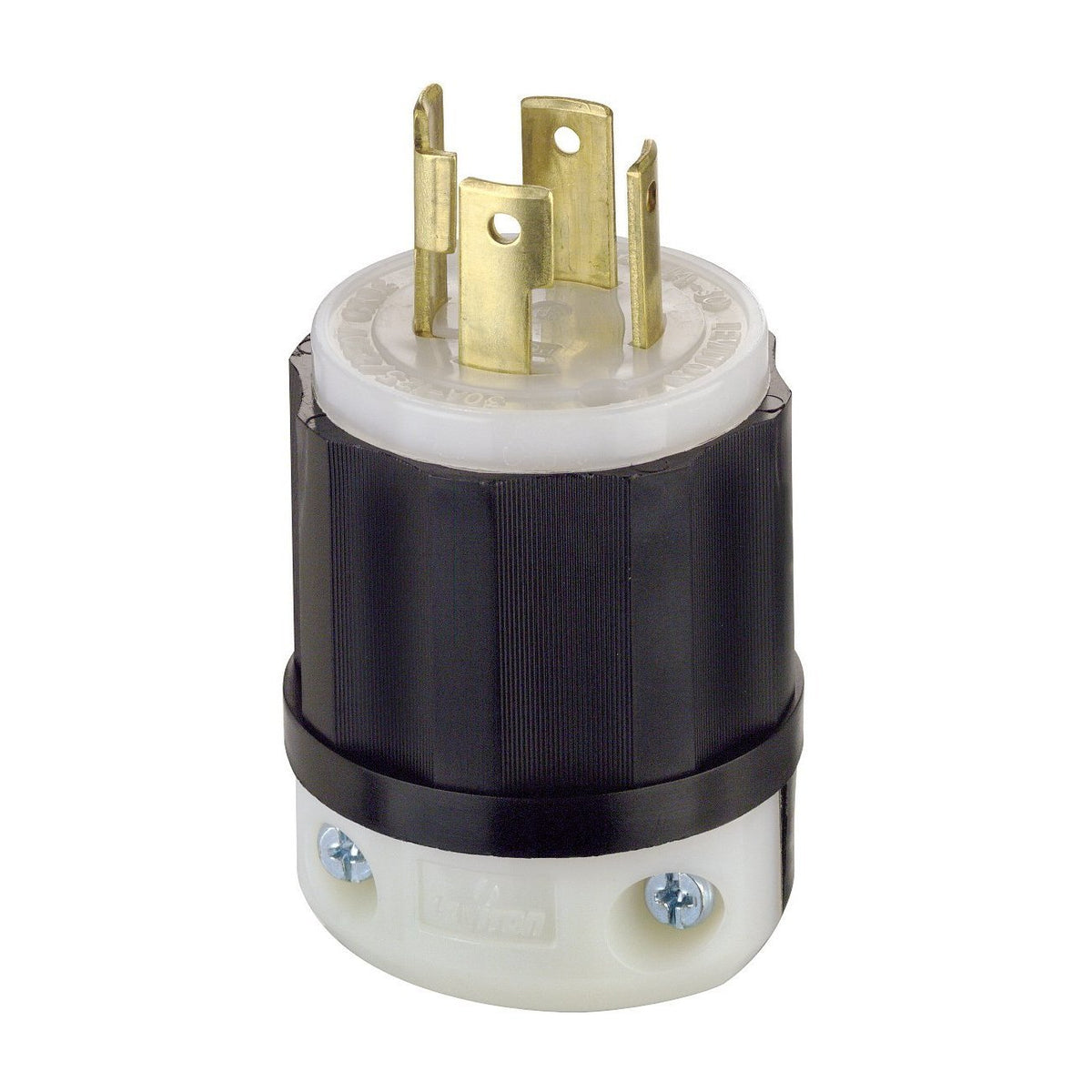 Leviton L14-30P locking plug front view demonstrates rugged industrial-grade durability.