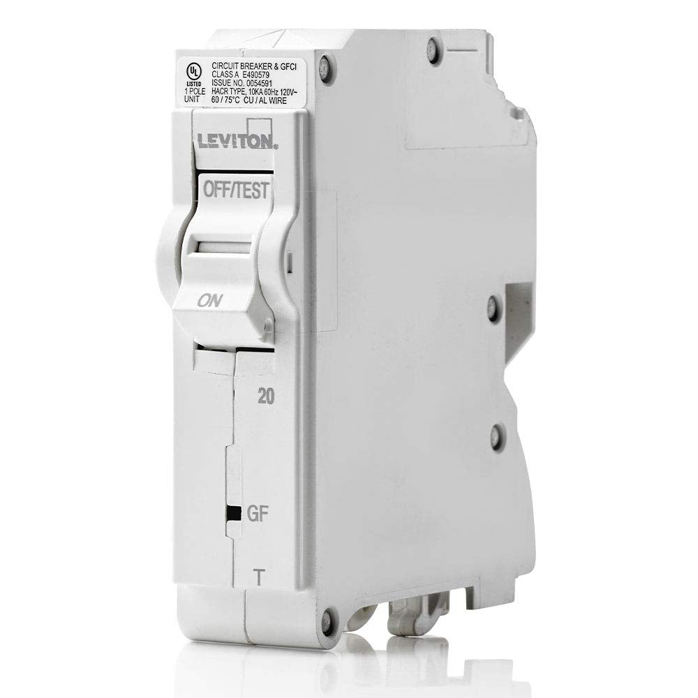 Leviton LB120-GFT 1P front view with fault status LEDs