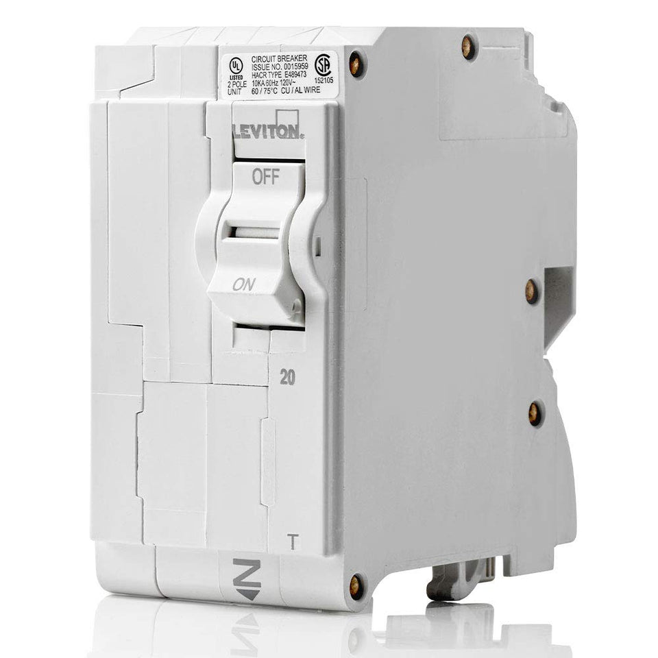Leviton LB220-T front view of a 20A two-pole breaker ready for panel install.