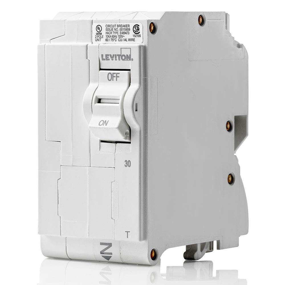 Leviton LB230-T front view showing a 30A two-pole breaker with thermal magnetic action