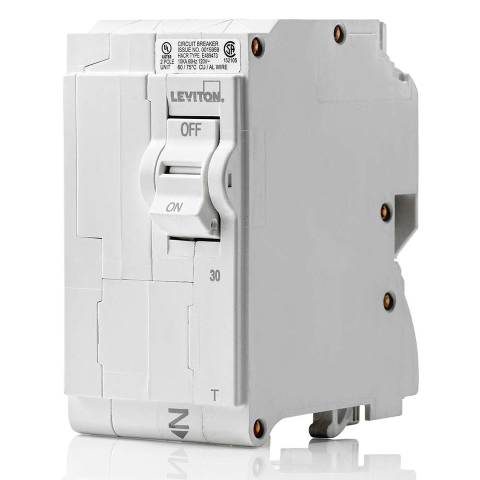 Leviton LB230-T front view showing a 30A two-pole breaker with thermal magnetic action