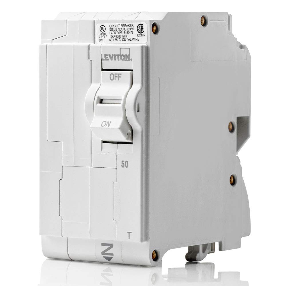 Leviton LB250-T 50A two-pole plug-on breaker with quick visual status indicators for easier panel checks.