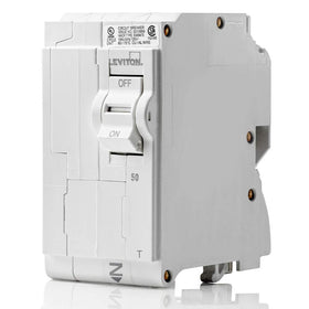 Leviton LB250-T 50A two-pole plug-on breaker with quick visual status indicators for easier panel checks.
