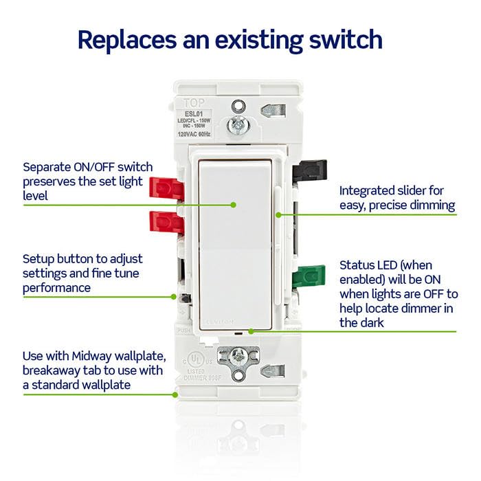Leviton Lever Edge Dimmer wiring connection demonstrates color-coded terminals for fast, secure wiring