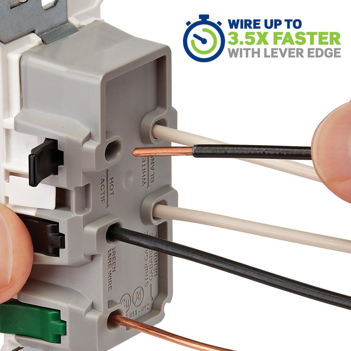 Leviton Lever Edge outlet with color-coded levers for easy wiring