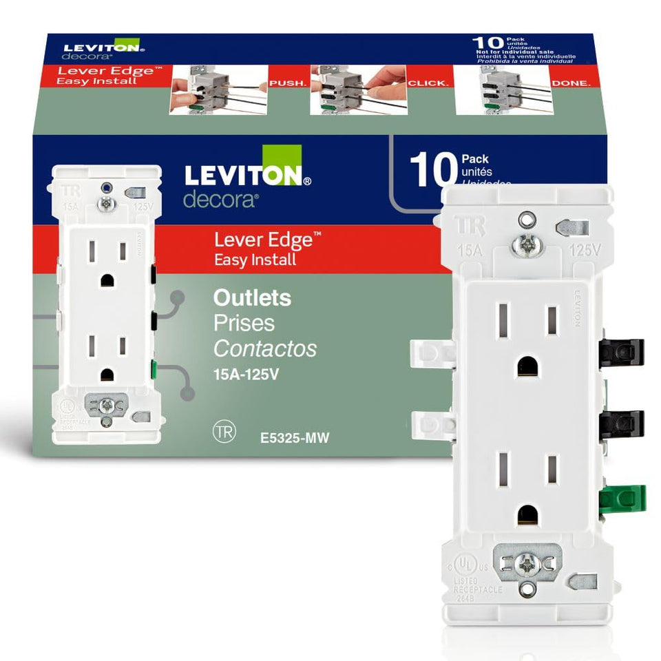 Leviton Lever Edge outlet front view showing quick, tool-free wiring