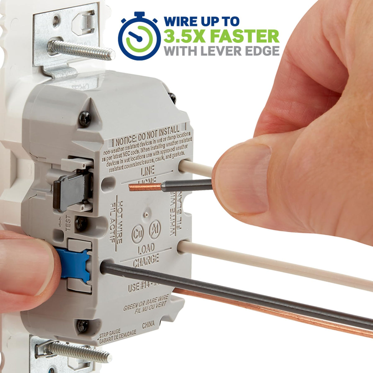 Leviton Lever Edge self-test indicator ensures ongoing ground-fault protection.