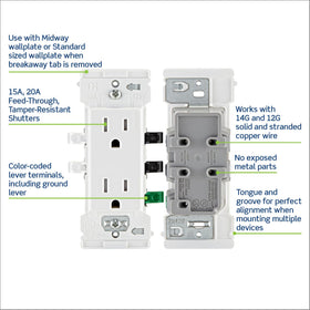 Leviton Lever Edge outlet strap design with tongue-and-groove alignment