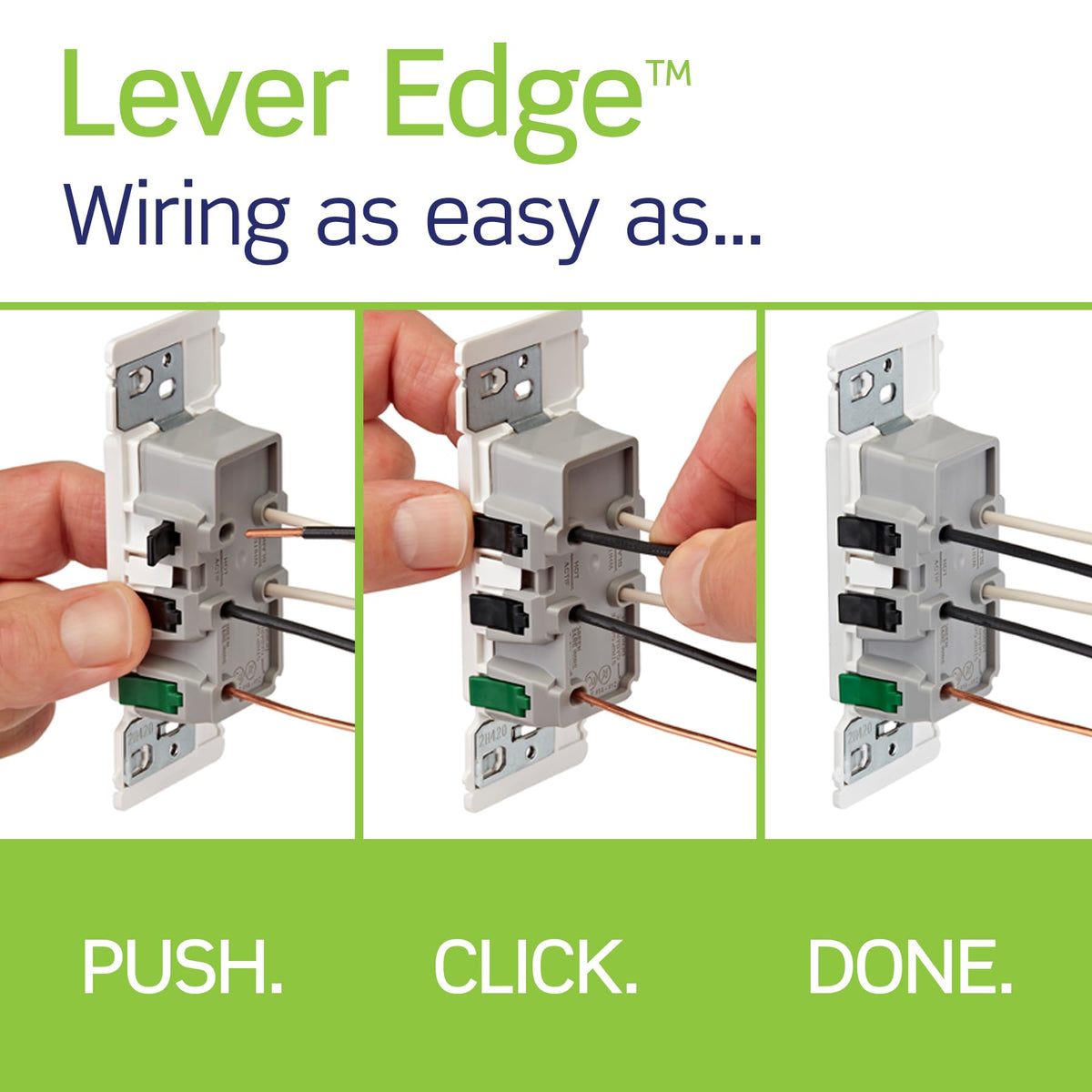 Leviton Lever Edge outlet terminal wiring highlights clear terminals for safety