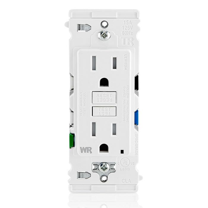 Leviton Lever Edge outlet with white faceplate offers quick install and reliable protection.