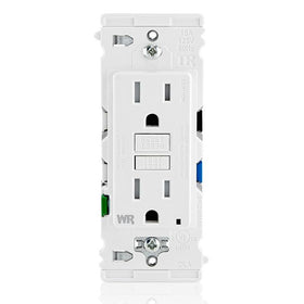 Leviton Lever Edge outlet with white faceplate offers quick install and reliable protection.