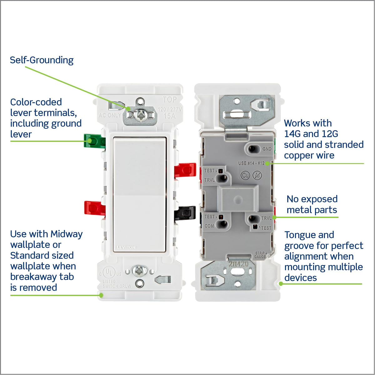 Leviton Lever Edge strap with tongue-and-groove for quick multi-gang installs