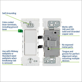 Leviton Lever Edge switch audible click confirms secure termination.