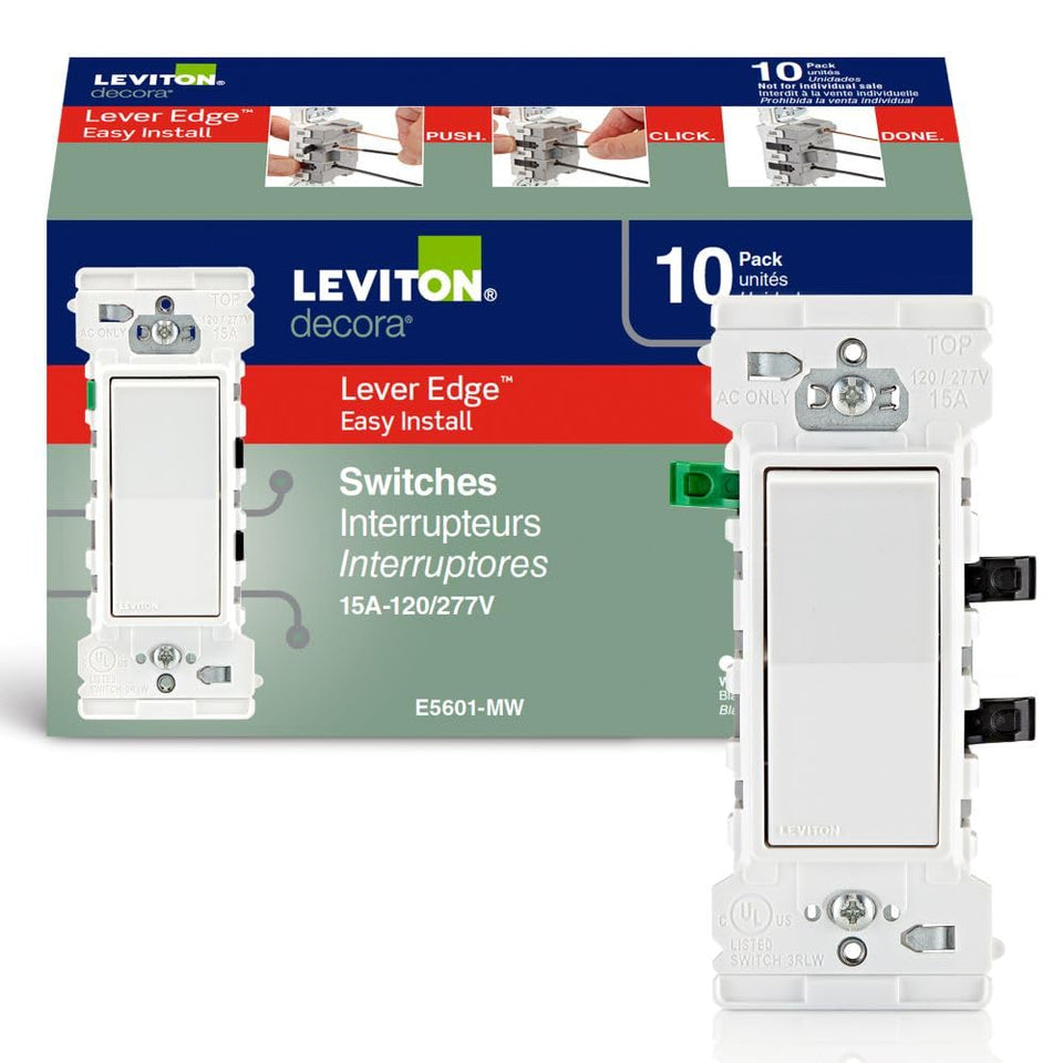 Leviton Lever Edge white switch front view for quick, clean installations.