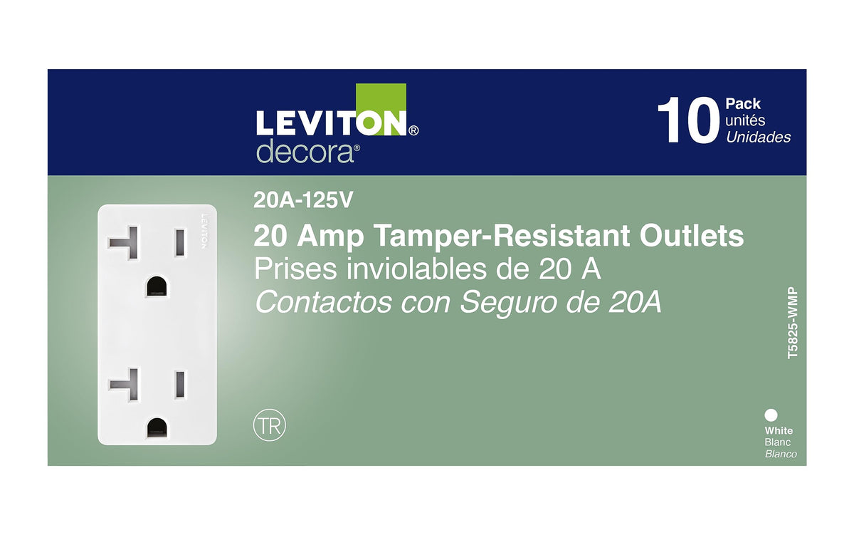 Leviton M02-T5825-Wmp packaging showing 10 outlets ready for installation today.