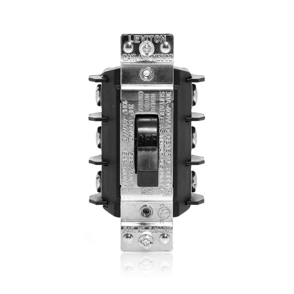 Leviton MS303-DS front toggle view for safe motor control in industrial lines.