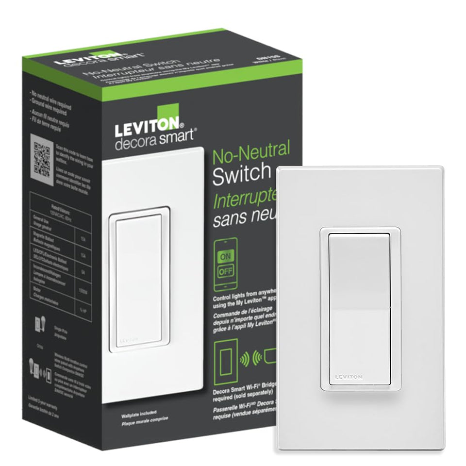 Leviton DN15S-1RW no-neutral smart switch in white for retrofit lighting control.