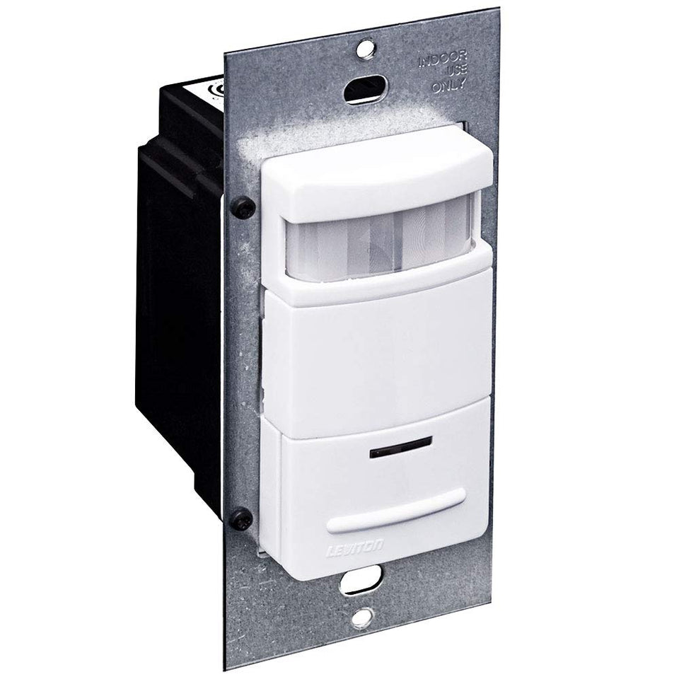 Leviton ODS10-IDE front view of the black occupancy sensor switch for energy-efficient lighting control