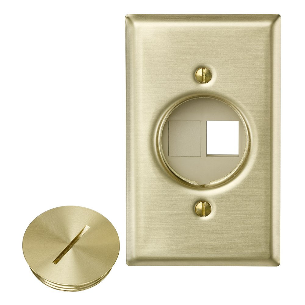 Leviton QuickPort floor jack assembly with two blank inserts for modular connectivity.