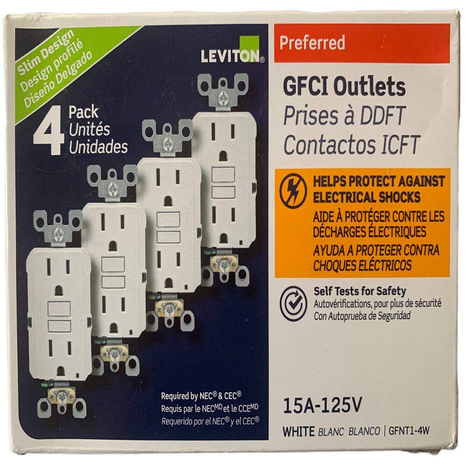 Leviton self-test slim GFCI outlet in white, easy installation