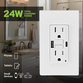 Leviton SmartlockPro GFCI USB in-wall unit with dual ports enables convenient charging.