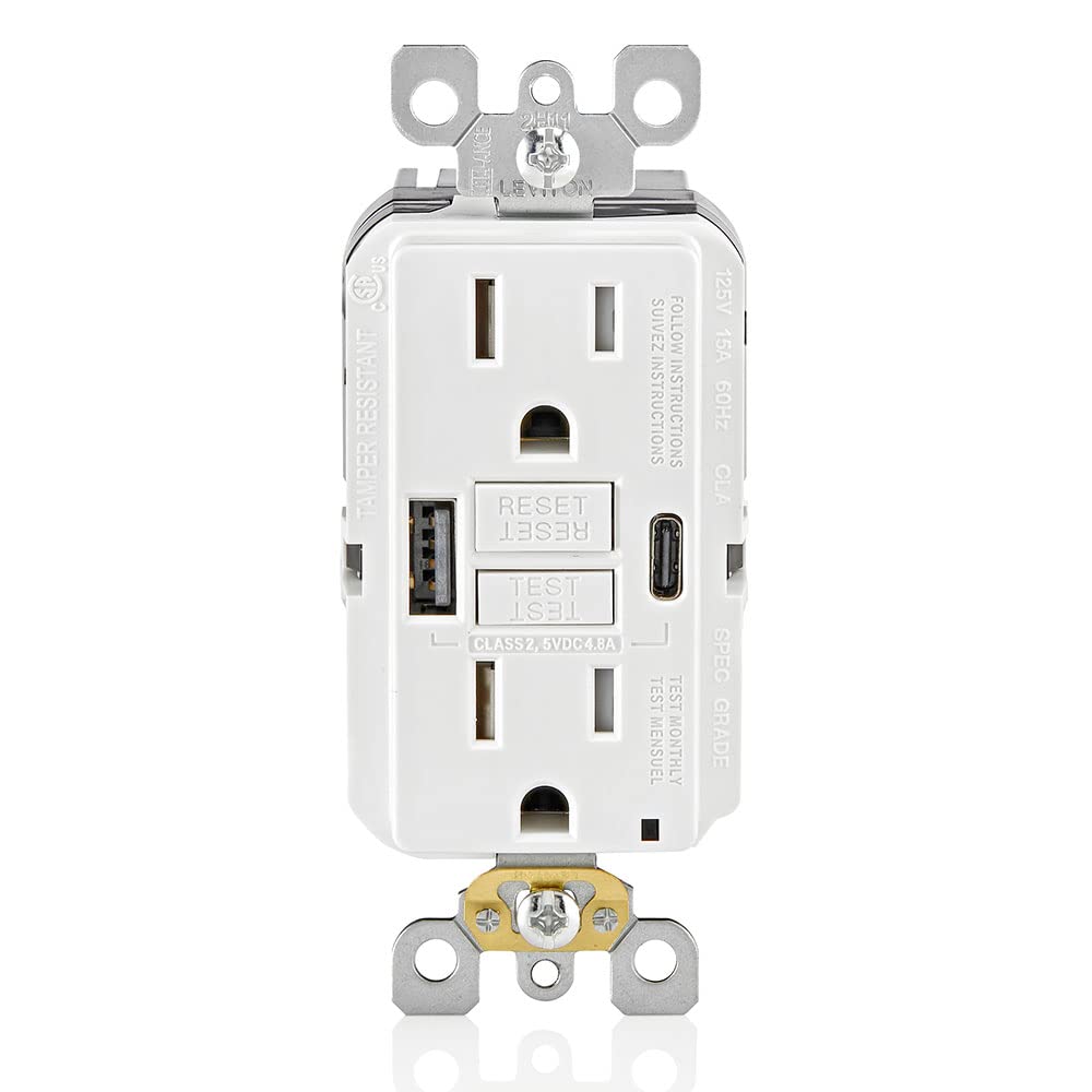 Leviton SmartlockPro GFCI USB front view shows dual ports for fast charging.