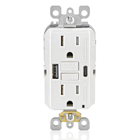 Leviton SmartlockPro GFCI USB front view shows dual ports for fast charging.