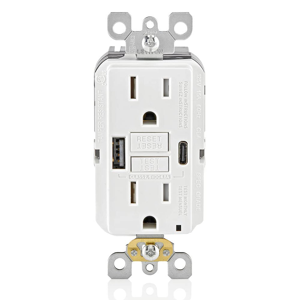 Leviton SmartlockPro GFCI USB front view shows dual ports for fast charging.