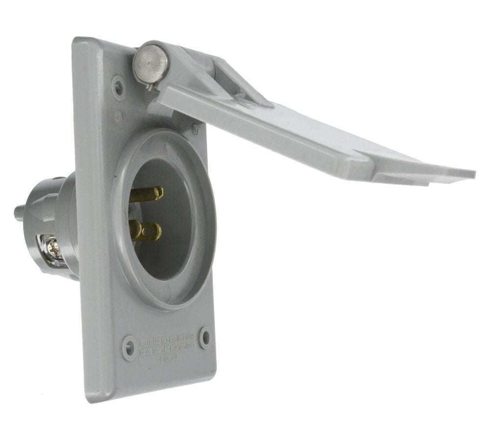Leviton 5278-CWP straight blade inlet with gray housing, ideal for outdoor lighting and landscape setups