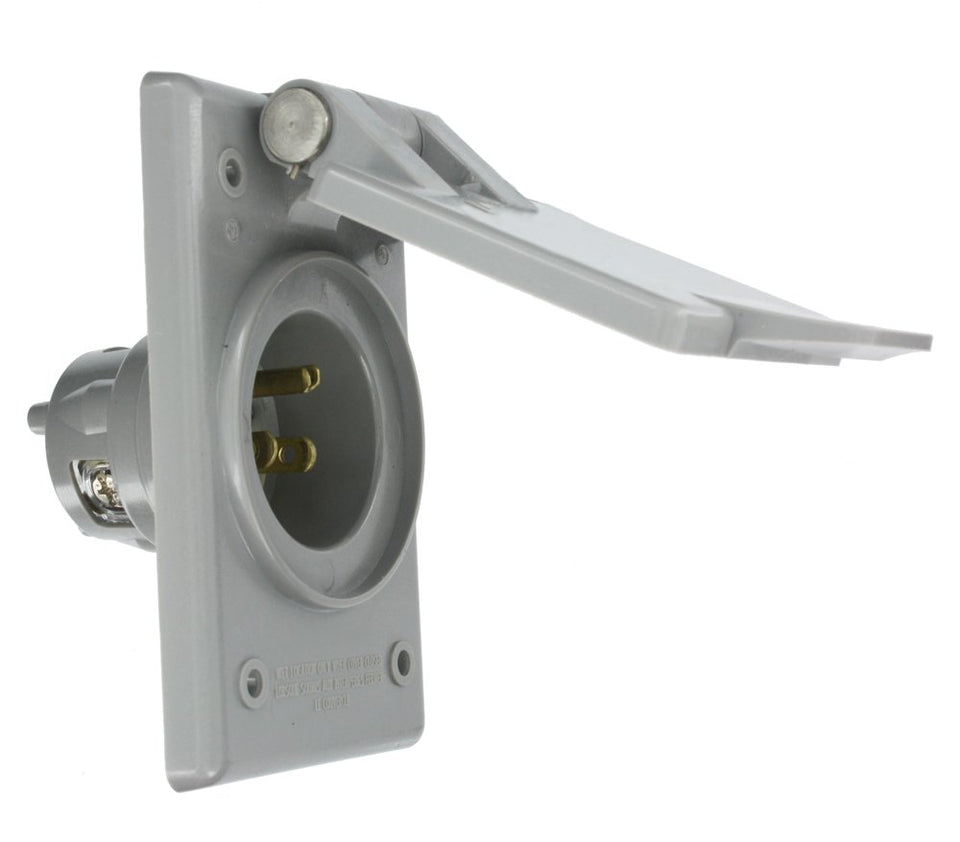 Leviton 5278-CWP straight blade inlet with gray housing, ideal for outdoor lighting and landscape setups