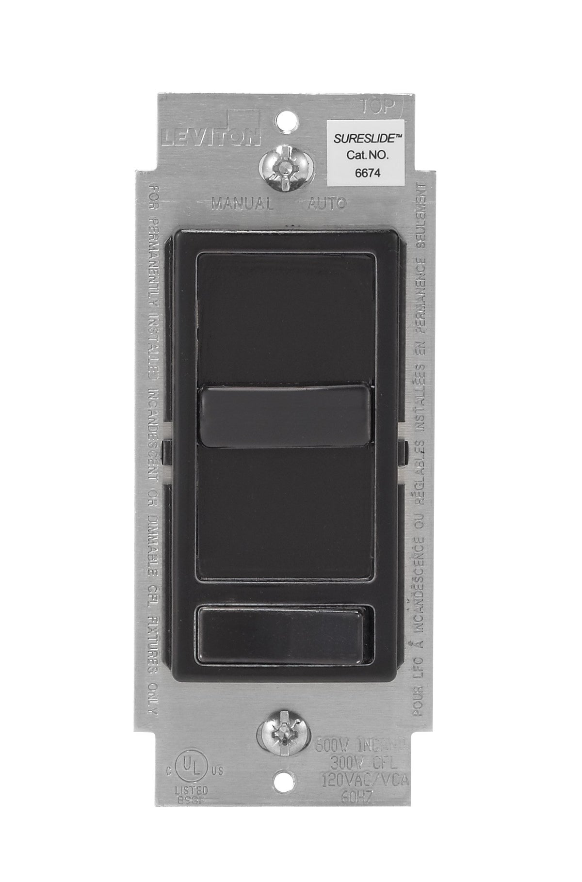 Leviton SureSlide dimmer front view in black, slim profile for easy wallbox fit