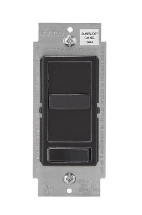Leviton SureSlide dimmer front view in black, slim profile for easy wallbox fit