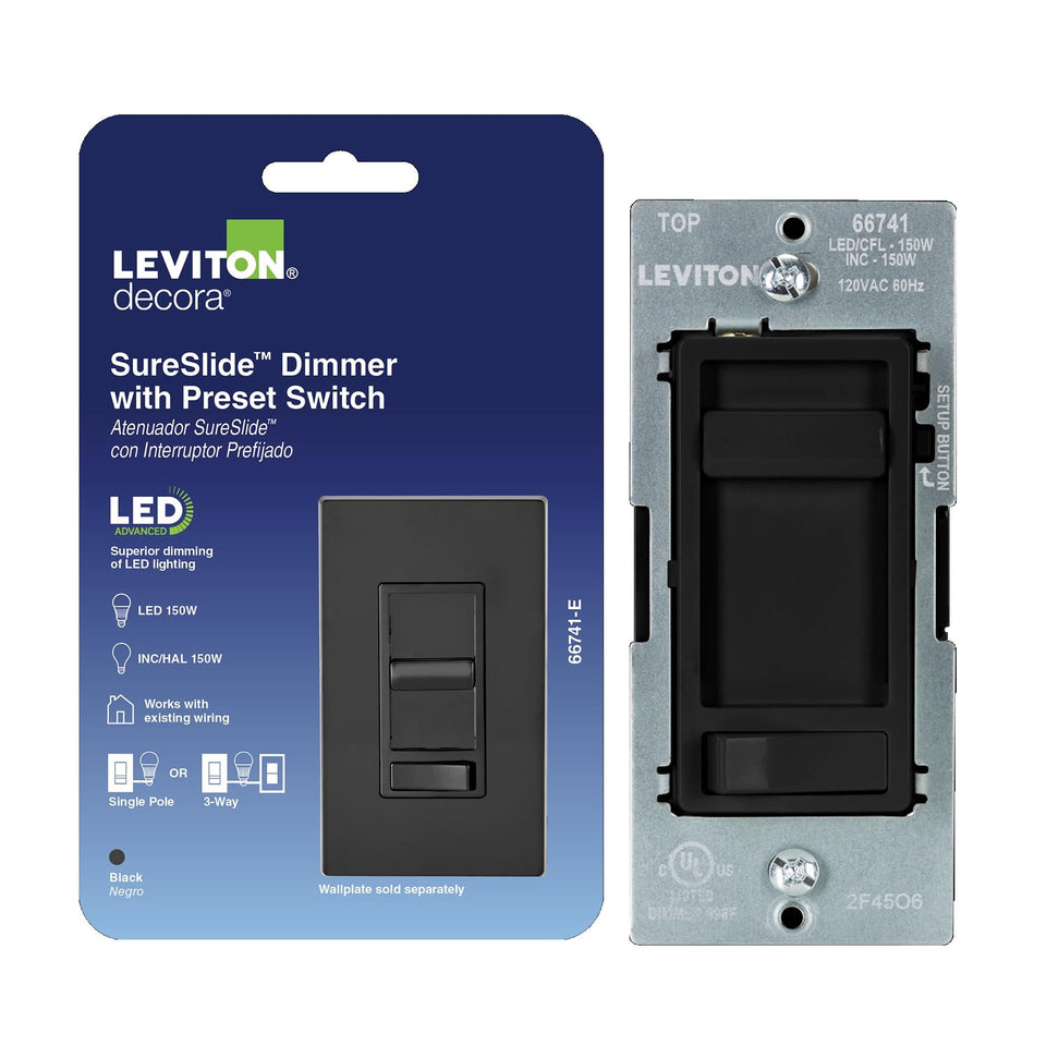 Leviton SureSlide dimmer front view with black finish for modern rooms