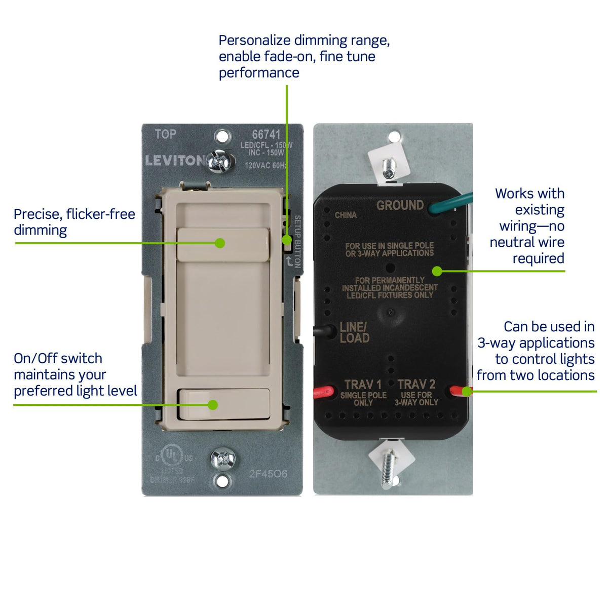 Leviton SureSlide allows min-max brightness and fade rate customization.