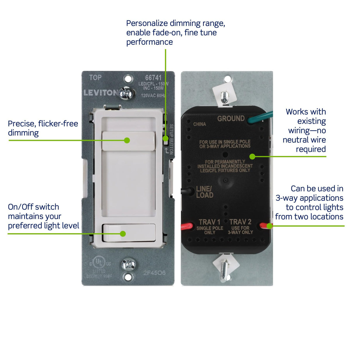 Leviton SureSlide dimmer used in a 3‑way wiring setup for two-location control
