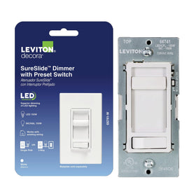 Leviton SureSlide dimmer front view with slim profile for clean wall installation
