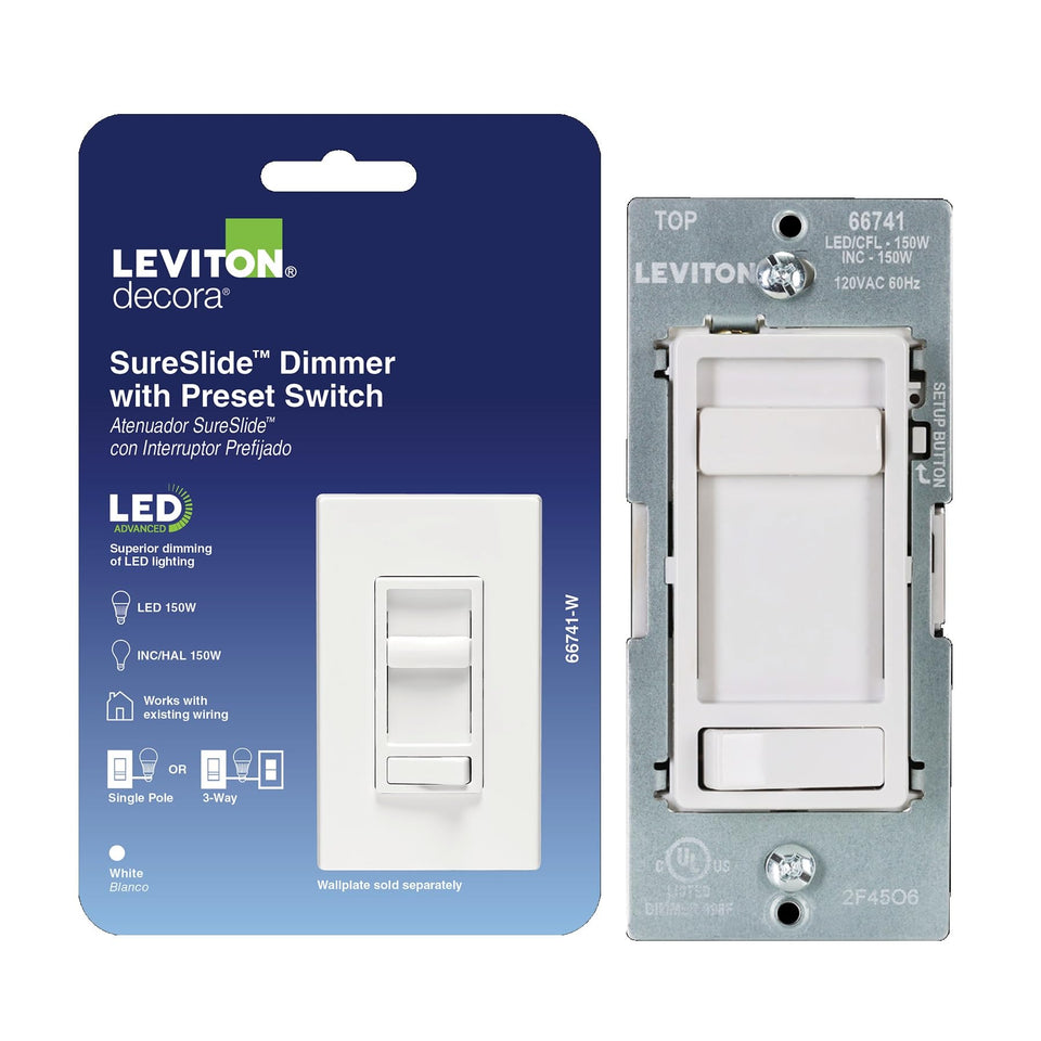 Leviton SureSlide dimmer front view with slim profile for clean wall installation