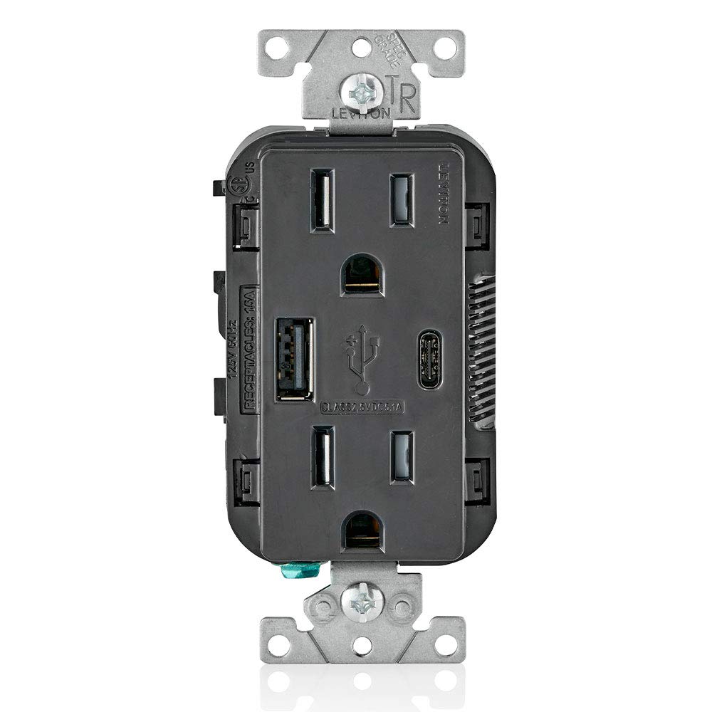 Leviton T5633-E USB in-wall charger with Type-A and Type-C ports powering smartphones and tablets safely