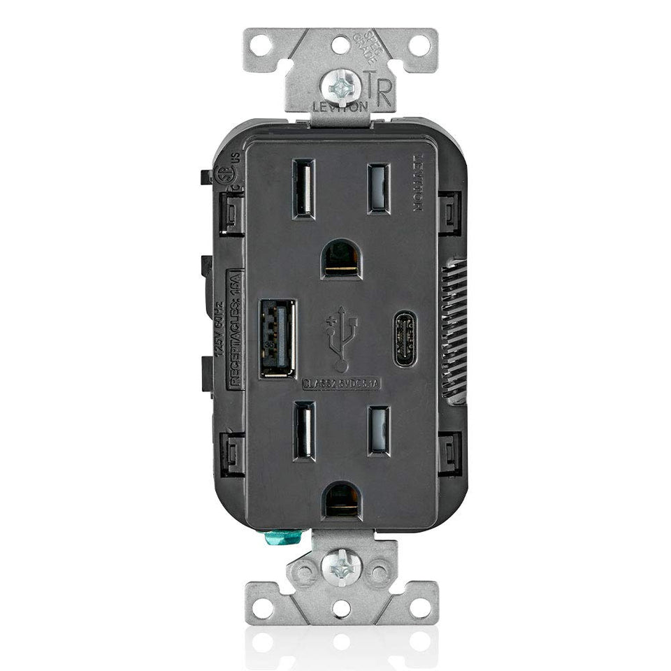 Leviton T5633-E USB in-wall charger with Type-A and Type-C ports powering smartphones and tablets safely