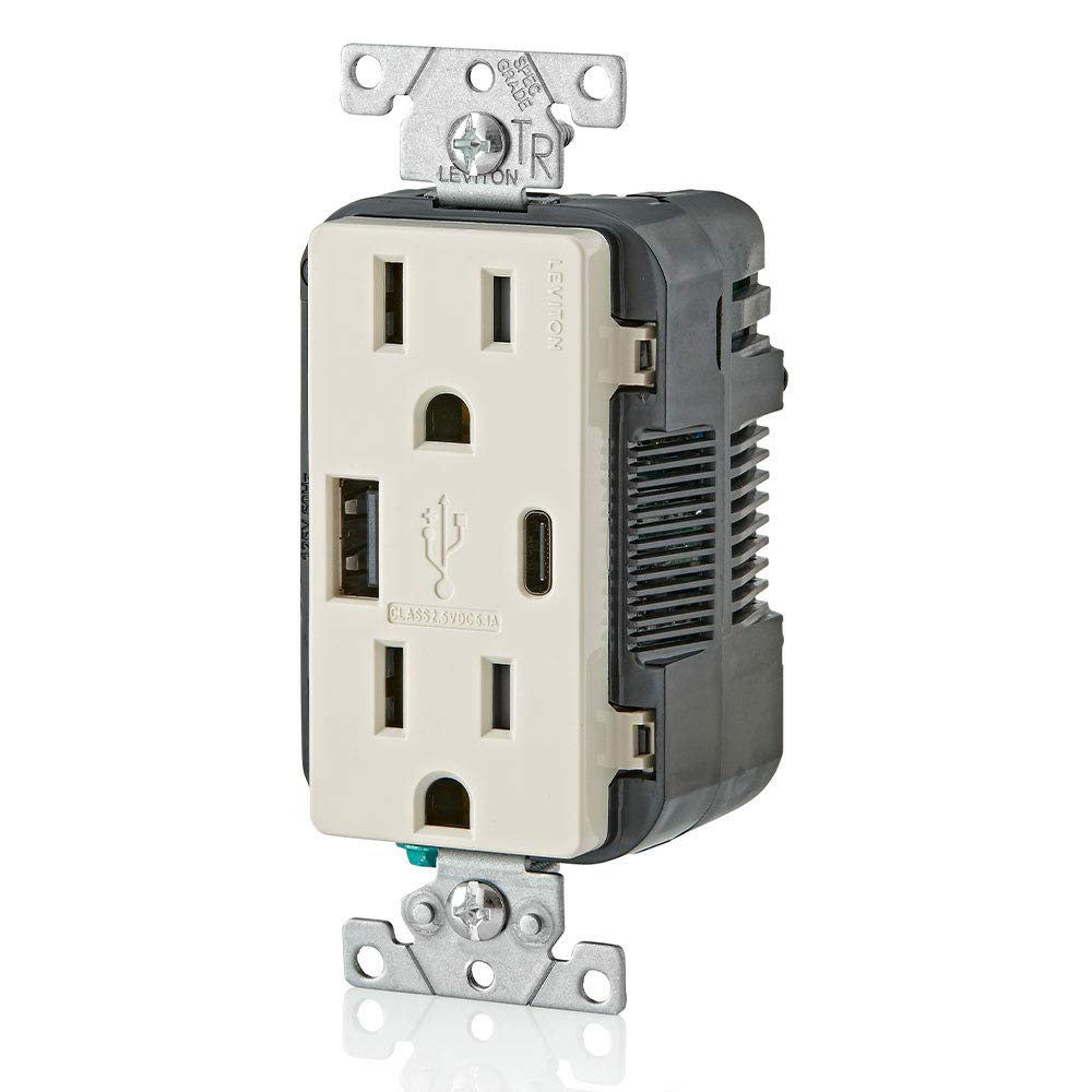 Leviton T5633-T in-wall charger with USB-A and USB-C ports for efficient device charging.