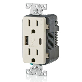Leviton T5633-T in-wall charger with USB-A and USB-C ports for efficient device charging.
