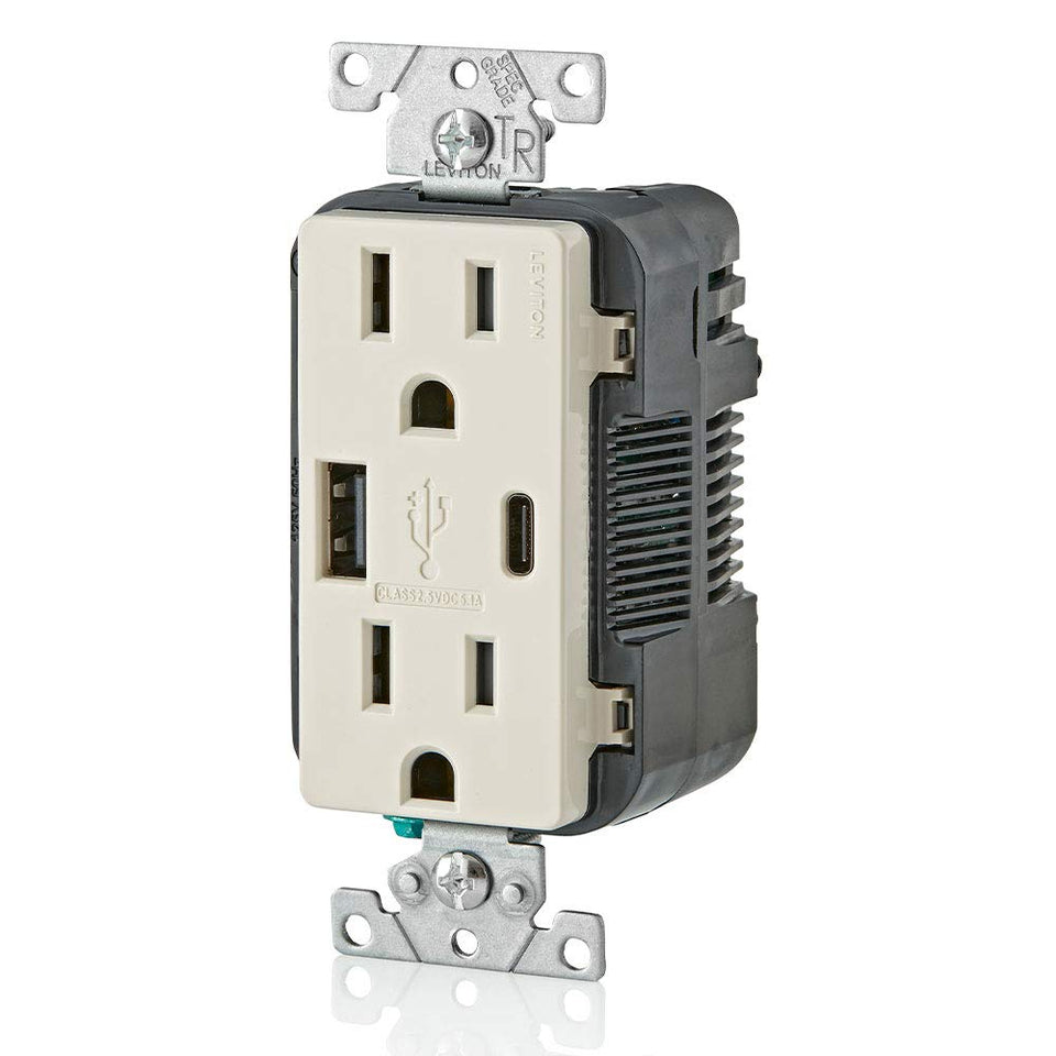 Leviton T5633-T in-wall charger with USB-A and USB-C ports for efficient device charging.