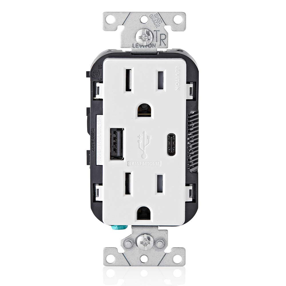 Leviton T5633-W front view with dual USB ports for convenient charging.