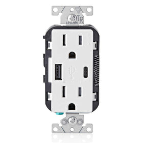 Leviton T5633-W front view with dual USB ports for convenient charging.