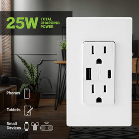 Leviton T5633-W USB Type-C port alongside Type-A for smartphones and tablets.