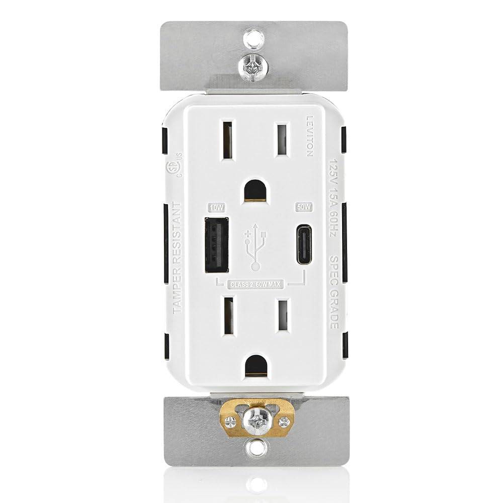 Leviton T5634-W in-wall USB PD charger back view powering fast charging for devices