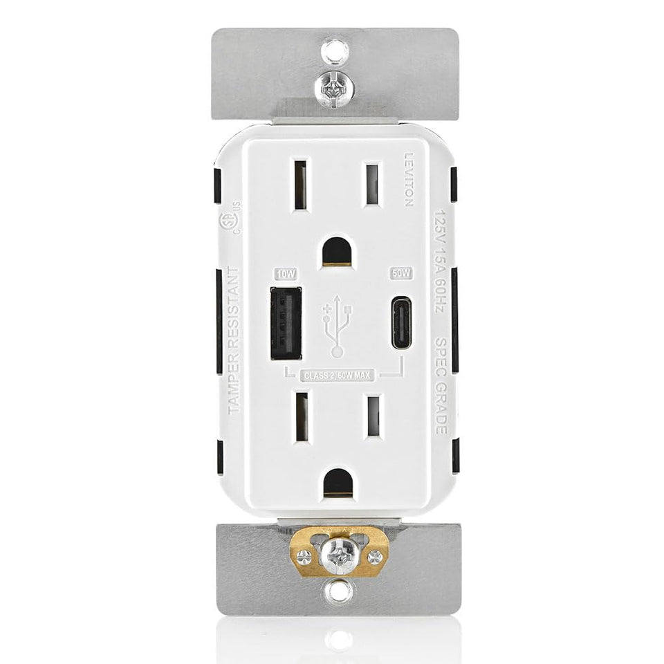 Leviton T5634-W in-wall USB PD charger back view powering fast charging for devices