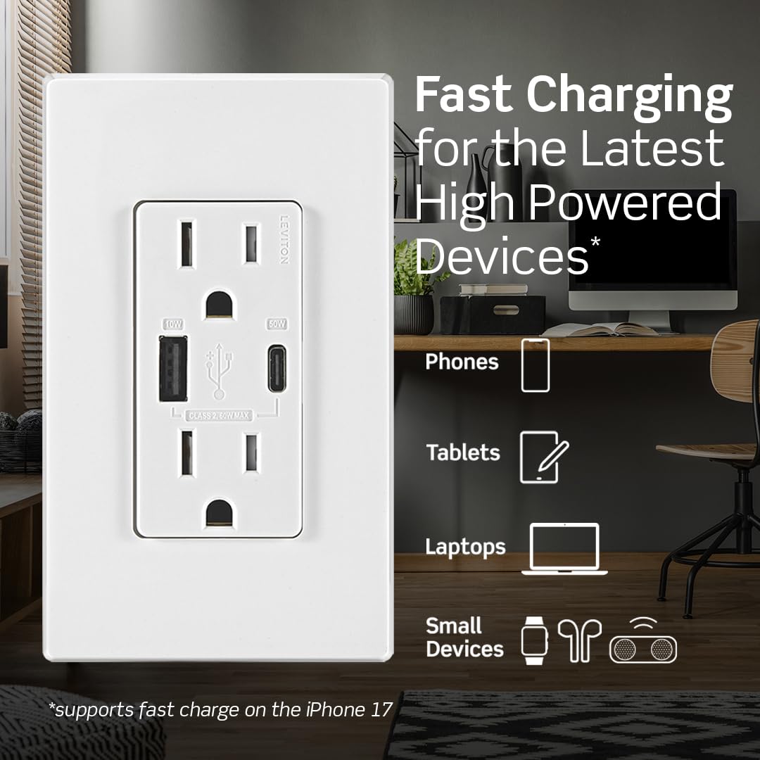 Leviton T5634-W sleek outlet blends with decor while freeing outlets