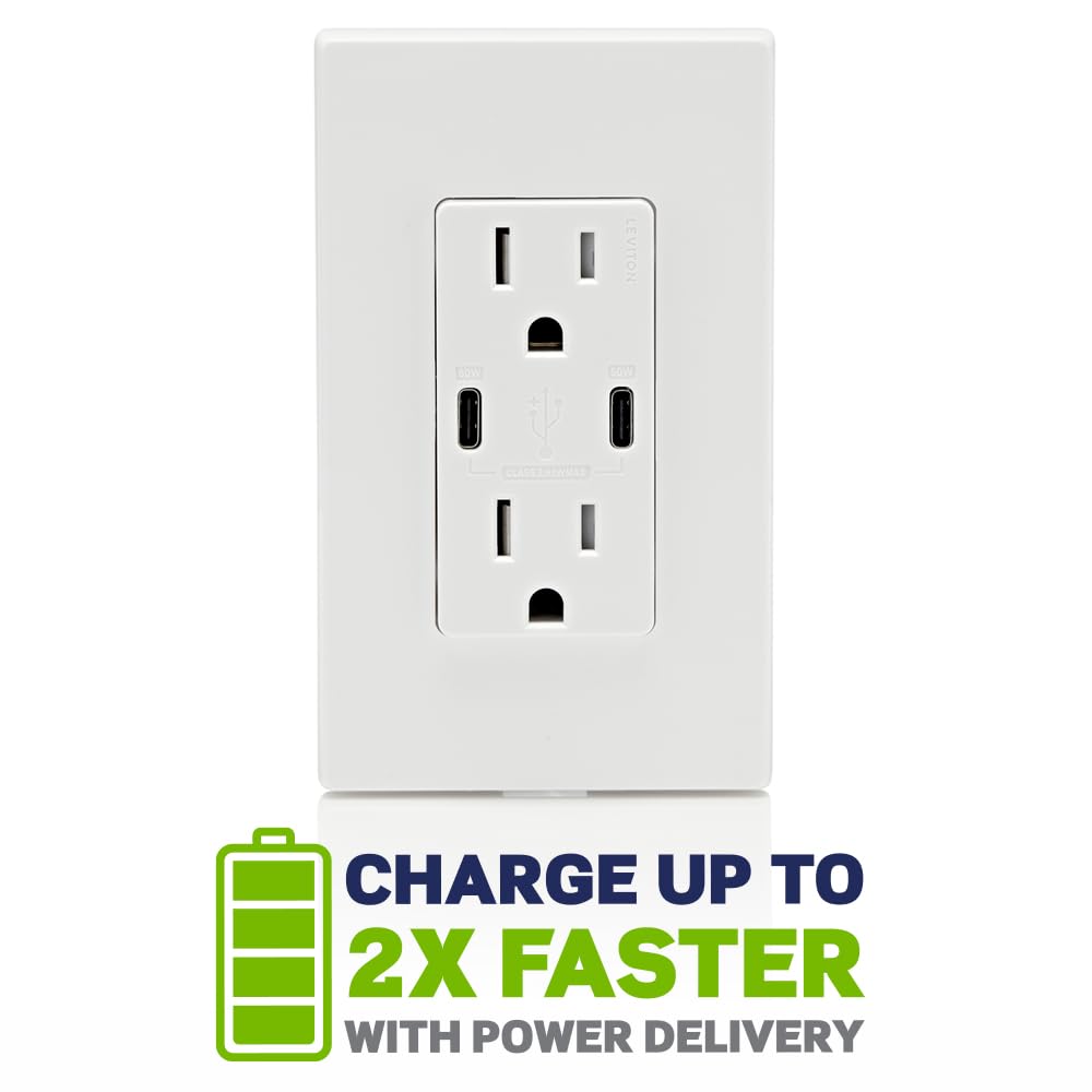 Leviton T5635-W dual USB-C ports support PD and standard USB devices.