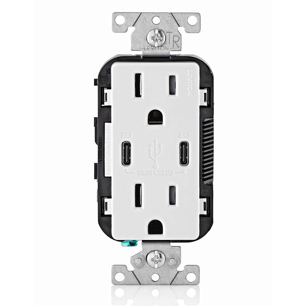 Leviton T5635-W front view shows compact in-wall USB-C PD charger.